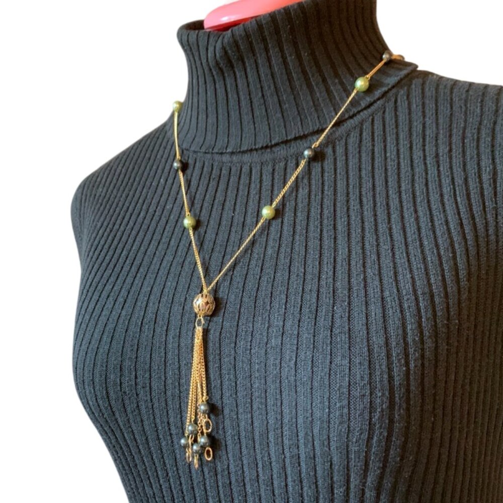 2x18$ 🦃 🍂 CREATION - Matinee Tassel necklace - Gold & Dark green